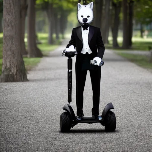 Image similar to an anthropomorphic silver fox in a dapper suit and a top hat riding a Segway in a park, photo, 4K