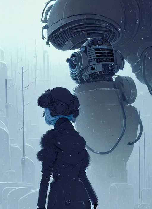 Prompt: highly detailed portrait of a moody frostpunk long blonde hair lady with droid companion, stray wiring by atey ghailan, james gilleard, by joe fenton, by greg rutkowski, by greg tocchini, by kaethe butcher, 4 k resolution, gradient blue, black and white color scheme!!! ( ( glaciated dystopian city background ) )