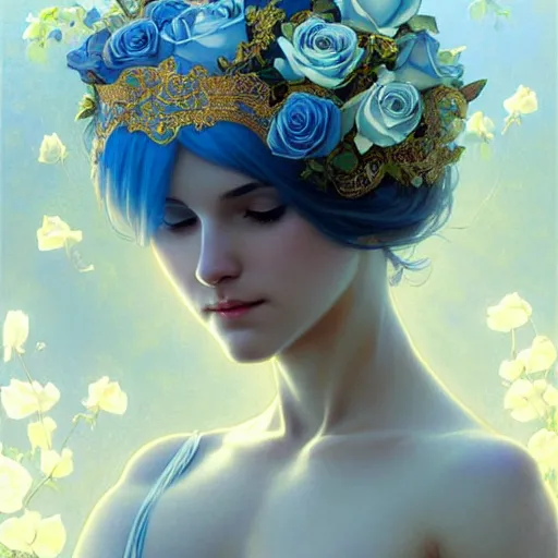 Image similar to perfectly detailed goddess princess of blue roses!! blessed by nature with ever - increasing physical mental perfection, intricate, highly detailed, biblical divine holy perfection!! digital painting, artstation, concept art, smooth, sharp focus, illustration, art by artgerm and greg rutkowski and alphonse mucha