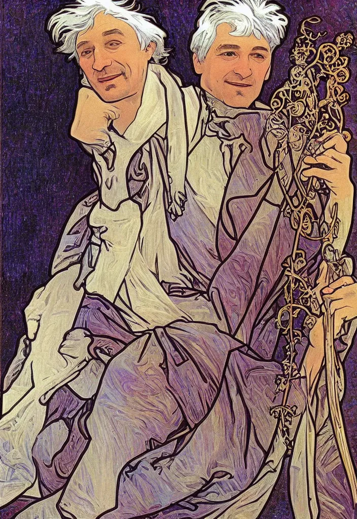 Prompt: realistic white - haired geoffrey hinton on a tarot card, tarot in art style by alphonse mucha