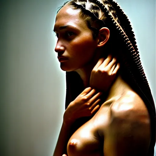 Prompt: beautiful woman with soft skin, cornrows, 8K artistic photography, photorealistic, chiaroscuro, by Steve Mccurry, Joey L, Raphael, Caravaggio