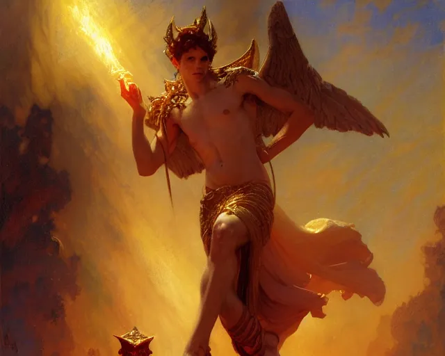 Image similar to attractive male deity, casting demonic magic, summoning handsome lucifer morning star. highly detailed painting by gaston bussiere, craig mullins, j. c. leyendecker 8 k