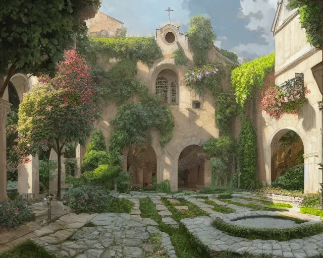 Image similar to environmental illustration of a cloister garden in a late renaissance city | | anime key visual, official media, illustrated by wlop, extremely detailed, 8 k, trending on pixiv, cinematic lighting, beautiful