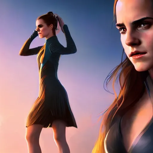 Image similar to a portrait of emma watson wearing skintight dress, futuristic earth in the background as seen by greg rutkowski, light theme, enchanted, warm colors, high quality, waw, trending on artstation