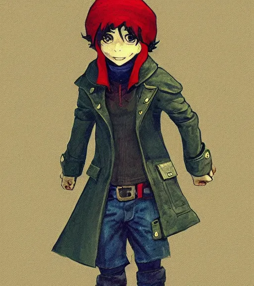 Image similar to attractive little boy character inspired in little red riding hood and kris from deltarune, digital artwork made by akihiko yoshida and makoto shinkai, anatomically correct, symmetrical