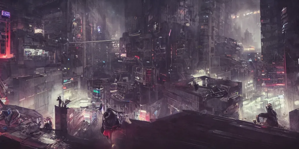 Image similar to cinematic shots of teenagers with tech clothing and hoods and tactical masks doing risky parkour on the rooftops of a dystopian city, neon lights, sci - fi, night lights, rain and haze, concept art, intricate, in the style of katsuhiro otomo, akira, unreal engine