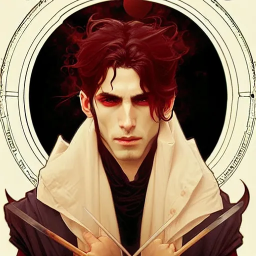 Prompt: attractive twenty first century male vampires beautiful eyes. highly detailed painting by artgerm and greg rutkowski and alphonse mucha 8 k