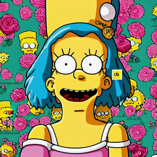 Image similar to anime manga skull portrait girl face marge simpson the Simpsons groening detailed highres 4k Mucha and James Jean pop art nouveau