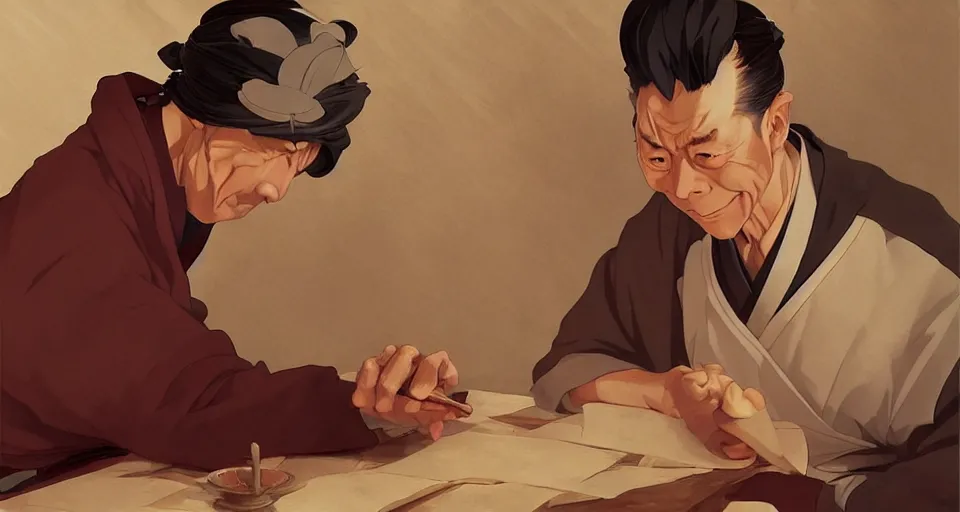 Image similar to old zen master teacher, in the style of studio ghibli, j. c. leyendecker, greg rutkowski, artgerm