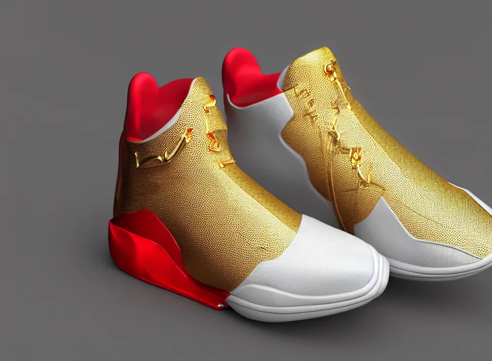 Prompt: realistic 3 d render of a futuristic sneaker, beautiful studio lighting, soft, sharp focus, neon cyberpunk highlights, intricate detail, gold and red leather, soft white rubber, shiny plastic, hexagon mesh, gold filigree, octane render, side view, close up, trending on artstation, deviantart, nike, adidas, reebok, salomon