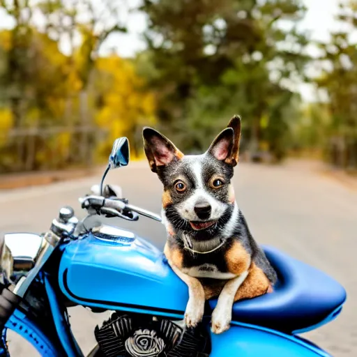 Image similar to blue heeler dog on a motorcycle, 8 k photography, blurred background of a wafflehouse