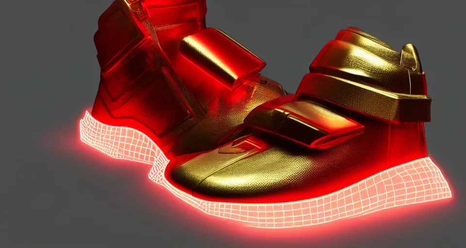 Image similar to realistic 3 d render of a cyberpunk android sneaker, beautiful studio lighting, soft, sharp focus, neon cyberpunk highlights, intricate detail, gold and red accents, soft rubber, octane render, side view, close up, trending on artstation, deviantart, moebius