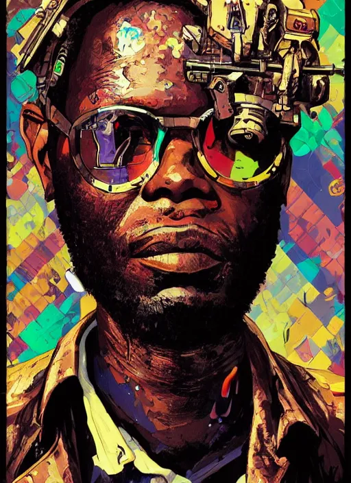 Image similar to chidi igwe. cyberpunk mercenary portrait illustration, pop art, splash painting, art by geof darrow, ashley wood, alphonse mucha, makoto shinkai