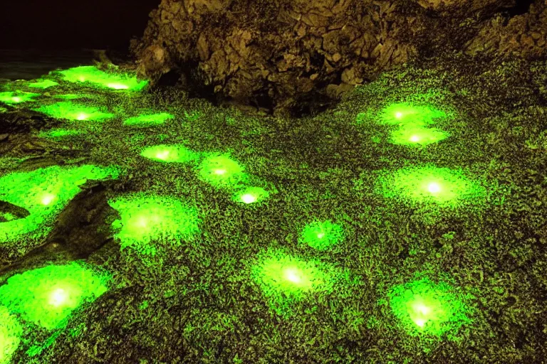 Prompt: glowing green rocks