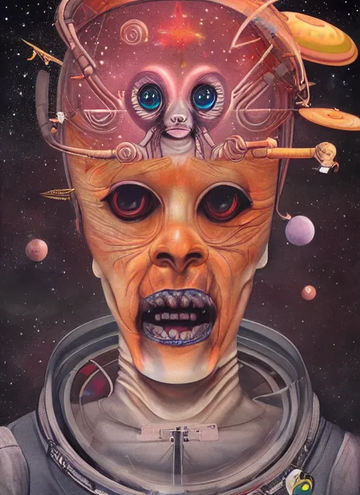 Image similar to first human encounter with aliens in space, by Afarin Sajedi, Alessandro Barbucci, Alex Gross, Shin Jeongho, Shohei Otomo. trending on Artstation, 8k, masterpiece, face enhance, graffiti paint, fine detail, full of color, intricate detail, golden ratio illustration