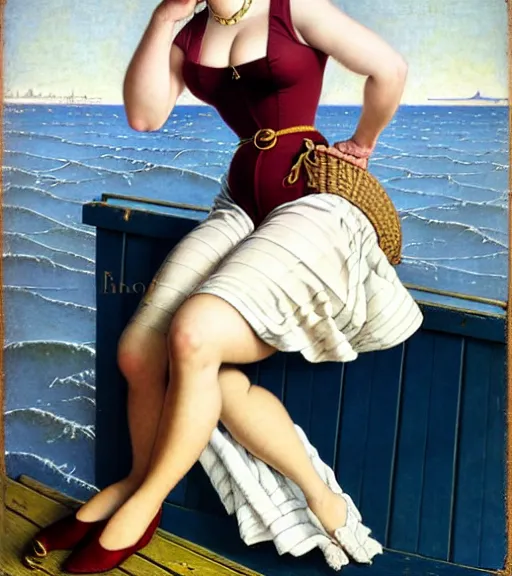 Prompt: a beautiful plump young lady holding a purse standing on a wharf at the edge of the sea by gil elvgren and william blake and norman rockwell, crisp details, hyperrealism, smiling, happy, feminine facial features, stylish navy blue heels, gold chain belt, cream colored blouse, maroon hat, windblown