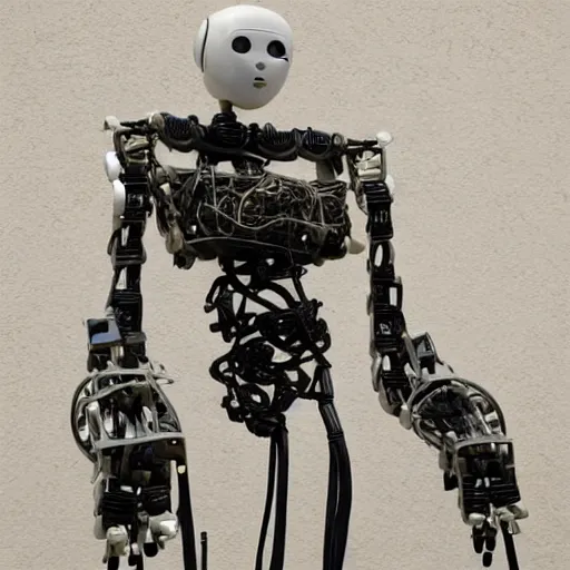 Image similar to humanoid robot made of old broken parts and wires, hyper realistic, high quality, high resolution