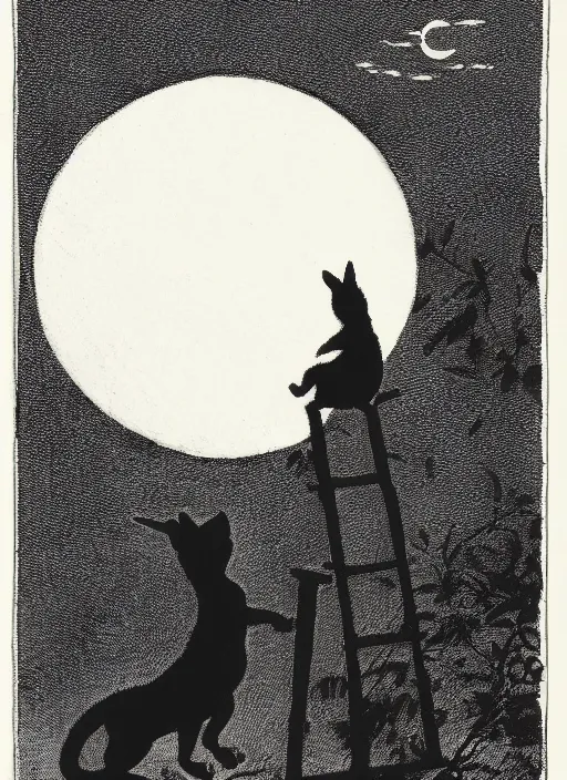 Image similar to silhouette howling at the moon, illustrated by peggy fortnum and beatrix potter and sir john tenniel