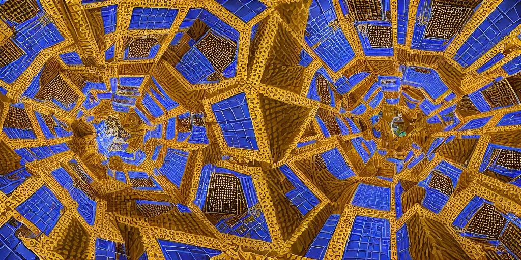 Image similar to endless menger sponge megastructure in the style of mc escher, realistic lighting, very intricate detailed photo, sharp focus, colorful, hd