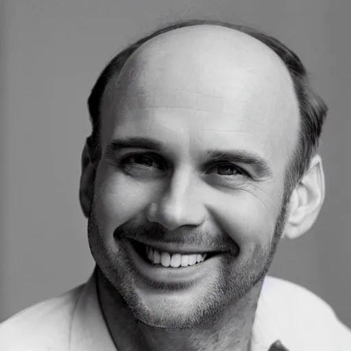 Image similar to color photograph of a balding, middle aged, brown haired, hairy, blue eyed, round faced, short white man dressed in a white shirt, smiling at the camera with perfect, straight white teeth