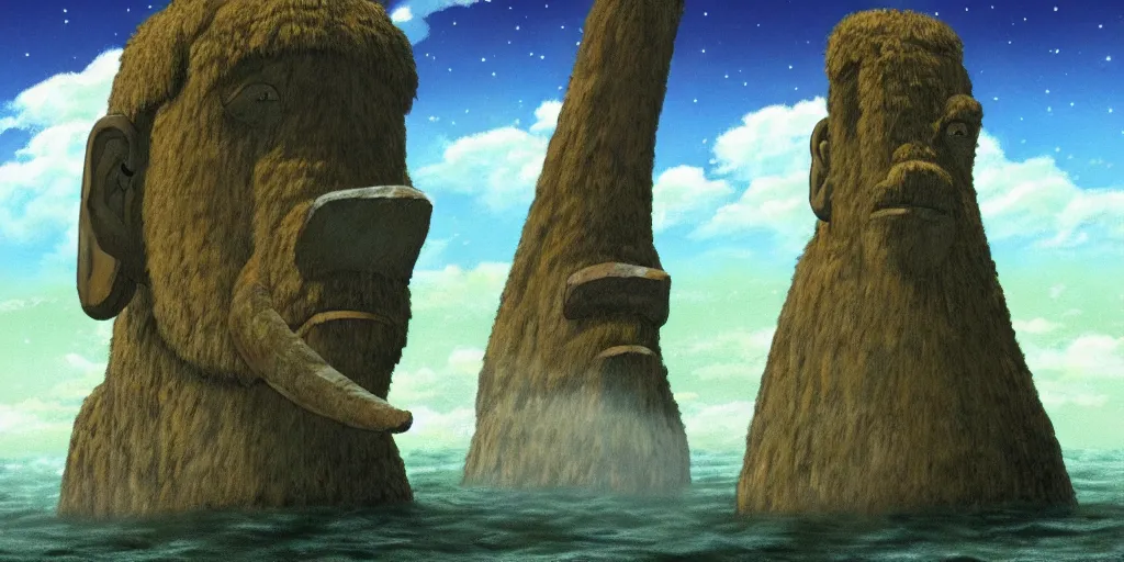 Image similar to a realistic cell - shaded studio ghibli concept art from paprika ( 2 0 0 6 ) of a giant wooly mammoth in a flooded easter island on a misty starry night. very dull colors, wide shot, hd, 4 k, hq