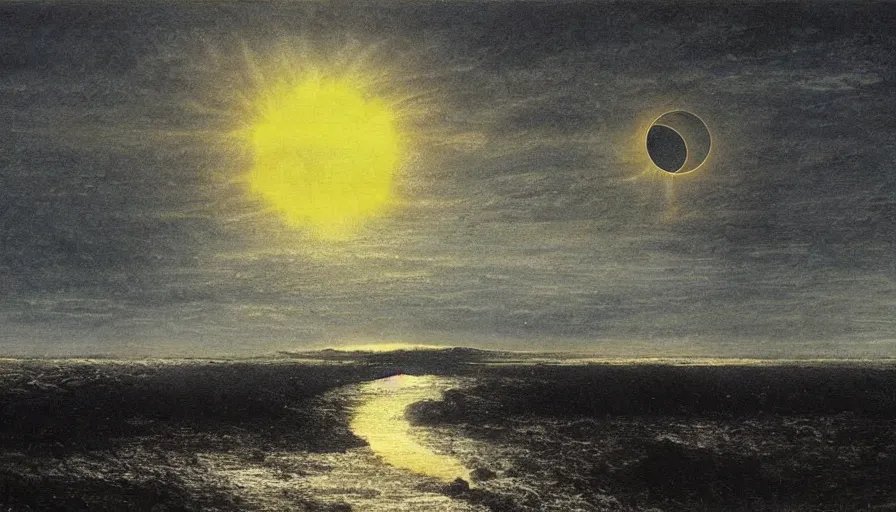 Prompt: solar eclipse in iceland, black sand, water, one tree, caspar david friedrich, dramatic, art station
