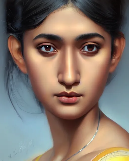 Image similar to highly realistic, beautiful digital art, true to life portrait of a young indian woman, sharp focus, by ilya kuvshinov, by wlop, by tom bagshaw, trending on artstation, cinematic lighting, hyper realism, octane render, 8 k, hyper detailed.