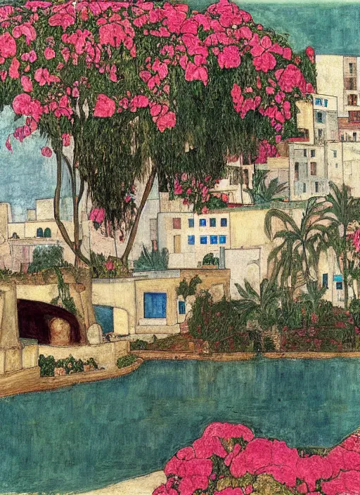 Image similar to ahwaz city in iran with a bridge on local river, 3 number house near a lot of palm trees and bougainvillea, painting by egon schiele