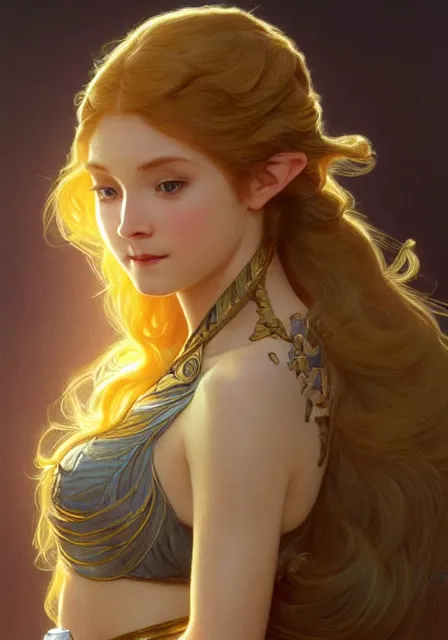 Image similar to zelda gold hair, intricate, elegant, highly detailed, digital painting, artstation, concept art, smooth, sharp focus, illustration, art by artgerm and greg rutkowski and alphonse mucha and william - adolphe bouguereau