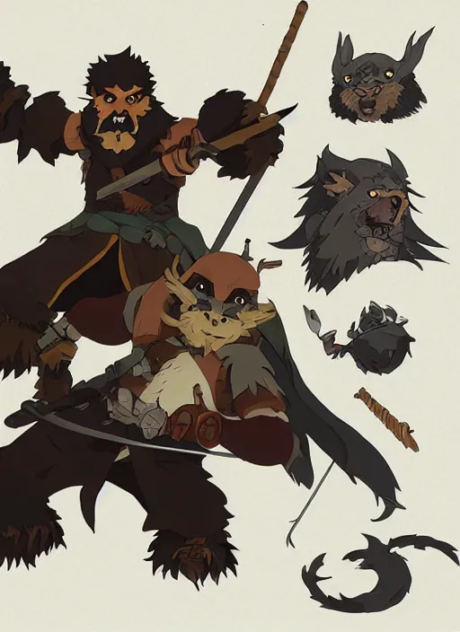 Image similar to bugbear ranger, black beard, dungeons and dragons, hunters gear, flames, character design on white background, by studio ghibli, makoto shinkai