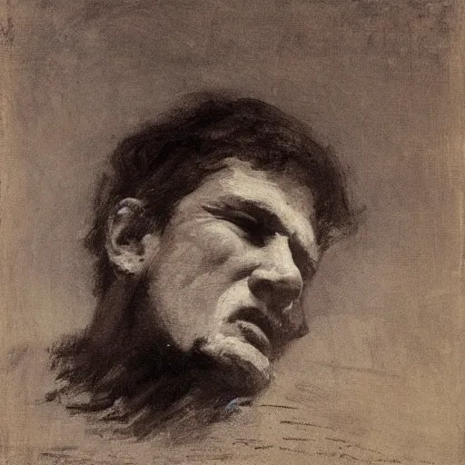 Image similar to turbulent, peaceful by frank weston benson, by abbott handerson thayer. a beautiful illustration of a giant head. the head is bald & has a big nose. the eyes are wide open & have a crazy look. the mouth is open & has sharp teeth. the neck is long & thin.