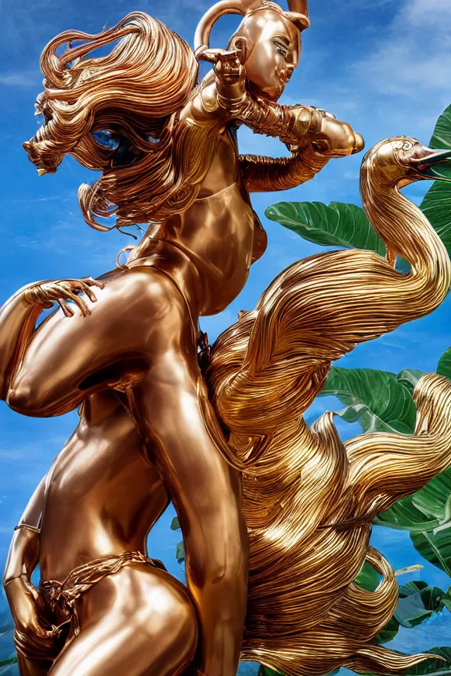 Prompt: an extreme close - up of a statue of a chrome cyborg lycra nymph vinetria with long flowing golden blonde hair wrestling with a giant flamingo, tropical flower plants, thick pigmented smoke, by jeff koons, hajime soryama, boris vallejo, artgerm, greg rutkowski, alphonse mucha