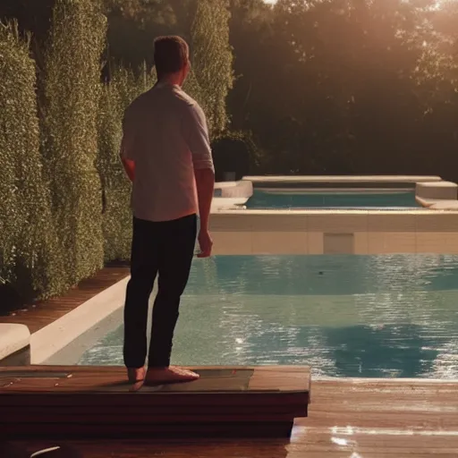 Prompt: gavin casalegno standing on a diving board above a pool, red weapon 8 k s 3 5, cooke anamorphic / i lenses, highly detailed, cinematic lighting