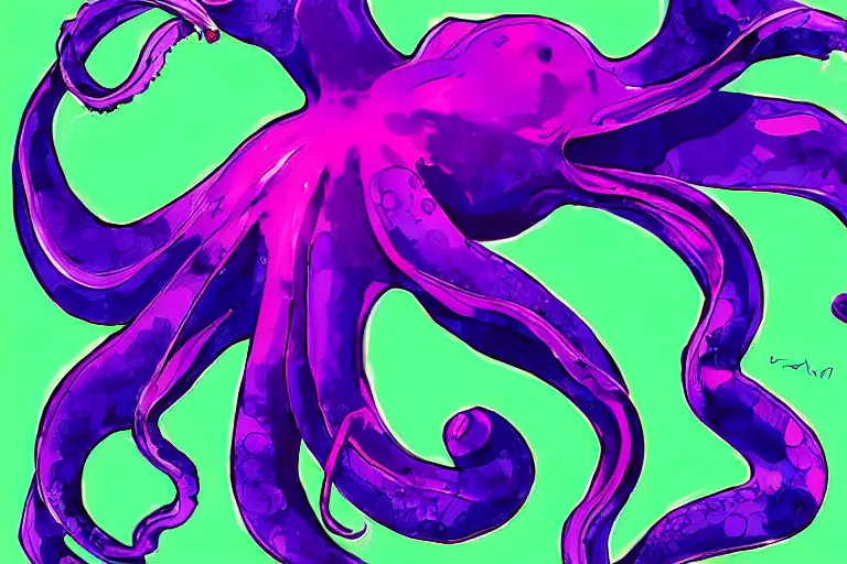 Image similar to digital art of a purple octopus floating in space by Hirohiko Araki, sharp lines, (arcylic),