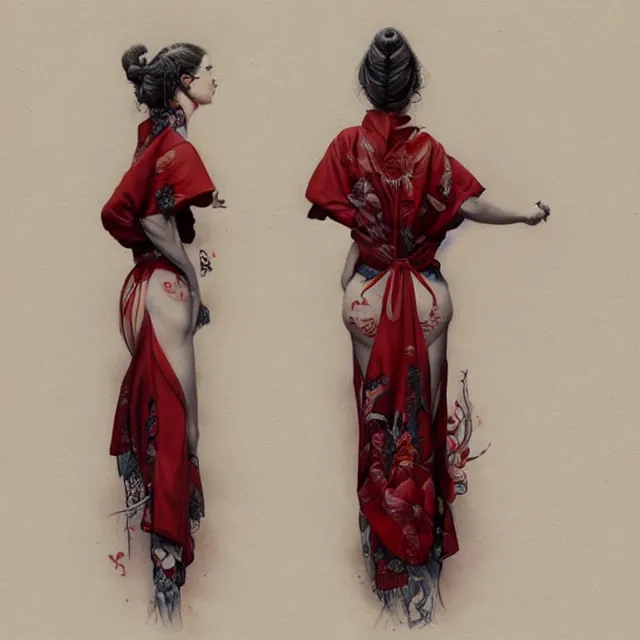 Image similar to ultra realistic illustration, beautifulwoman dressed in red kimono, backview, tattoos, in the style of peter mohrbacher by weta digital and beth cavener, high face symmetry, intricate, masterpiece, award winning, high face symmetry, intricate