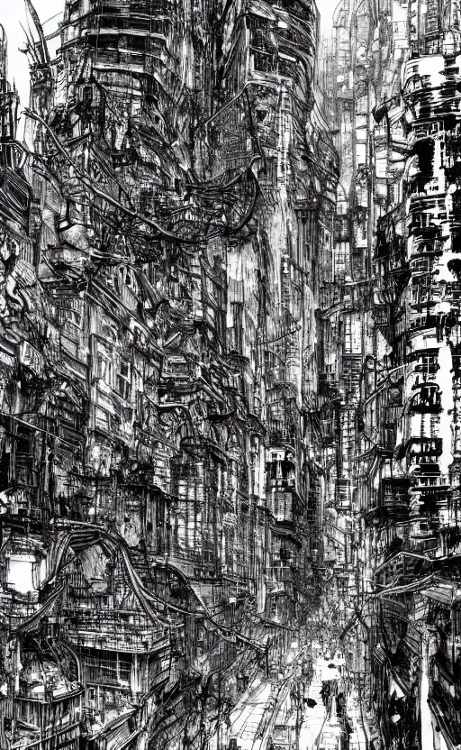 Image similar to dense city scene by tsutomu nihei, inked, minute details, desolation, hyper realistic, cosmic horror, biomechanical, beautiful