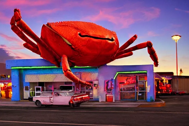 Image similar to giant crab attacking a california drive in, in 2 0 1 2, cutecore, y 2 k, bathed in the the glow of the sunset, low - light photograph, in style of monkeybone