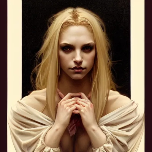 Prompt: portrait of a beautiful young blonde vampire, anatomically correct, dark, piercing eyes, gentle expression, elegant clothing, photorealistic, highly detailed, artstation, smooth, sharp focus, art by michael whelan, artgerm, greg rutkowski and alphonse mucha