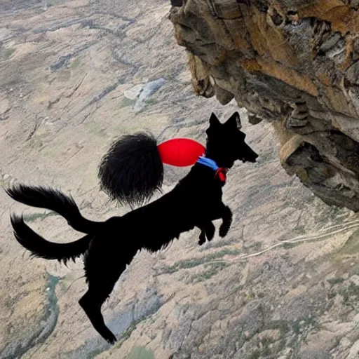 Image similar to a hairy dog jumping from a cliff with a parachute