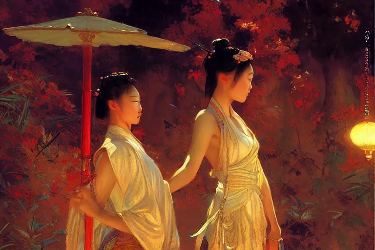 Image similar to wuxia, summer, neon light, painting by gaston bussiere, craig mullins, j. c. leyendecker