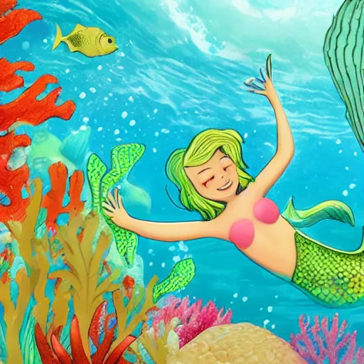 Prompt: A mermaid in the sea, drawing for children, professional video game studio quality
