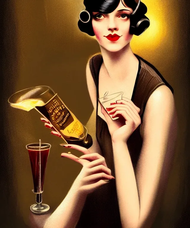 Prompt: a young sophisticated beautiful barmaid, cozy dimly-lit 1920s speakeasy dive bar, drinking at the bar, dystopian retro 1920s soviet vibe, relaxed pose, pixie cut, wild, highly detailed, digital painting, artstation, sharp focus, illustration, detailed digital art style by Tim Hildebrandt + perfect facial symmetry + dim volumetric lighting, vibrant deep colors, 🍸, 8k octane beautifully detailed render, post-processing, extremely hyperdetailed, epic composition, grim yet sparkling atmosphere, cinematic lighting + masterpiece, Art Nouveau