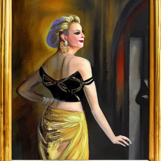 Image similar to painting of a glamorous blonde opera singer performing, highly realistic painting
