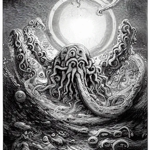 Prompt: cthulhu breaking through the antarctic ice at night, engraving in the style of albrecht durer, rembrandt or gustave dore, doom gloom misty detailed tentacle nightmare horror apocalypse