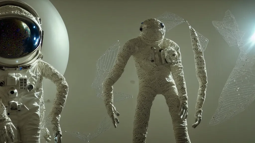 Image similar to a single astronaut eva suit interwoven with diamond 3d fractal lace iridescent bubble 3d skin and covered with insectoid compound eye camera lenses floats through the living room, film still from the movie directed by Denis Villeneuve with art direction by Salvador Dalí, wide lens,