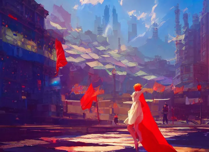 Image similar to gorgeous bright girl waving a red flag over her head dancing through Mandelbrot fractal city by Craig Mullins, ilya kuvshinov, krenz cushart, artgerm trending on artstation by Edward Hopper and Dan Mumford and WLOP and Rutkovsky, Unreal Engine 5, Lumen, Nanite