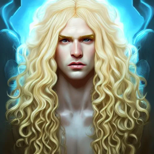 Image similar to Lucius the pale blond androgynous god of the sun, highly detailed, very very very long curly golden blond hair, baroque curls, curtain bangs, central parted fringe, extremely luscious curly blond hair, very very very pale white skin, digital painting, artstation, concept art, soft light, sharp focus, illustration