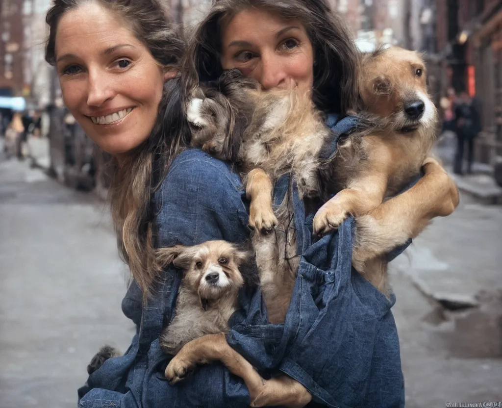 Image similar to closeup portrait of beautiful woman carrying a dog, smoky new york back street, by annie leibovitz and steve mccurry, natural light, detailed face, canon eos c 3 0 0, ƒ 1. 8, 3 5 mm, 8 k, medium - format print