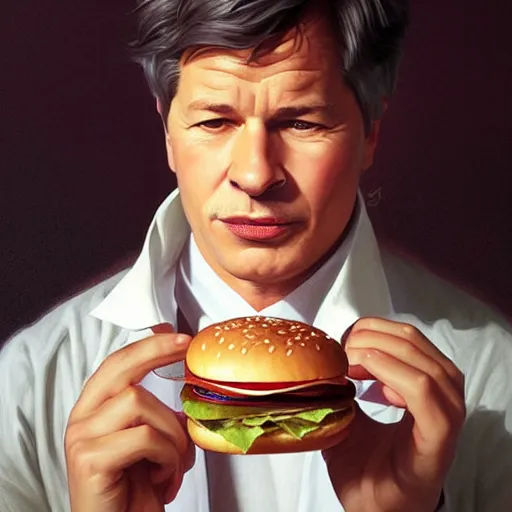 Prompt: portrait of jamie dimon eating hamburgers, extra onions and ketchup, luscious patty with sesame seeds, feminine ethereal, handsome, d & d, fantasy, intricate, elegant, highly detailed, digital painting, artstation, concept art, matte, sharp focus, illustration, art by artgerm and greg rutkowski and alphonse mucha