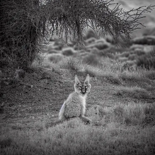 Image similar to cute fluffy caracal in ansel adams ghost town fujifilm 5 0 - 1 4 0 mm f 2. 8 long - exposure photographs that convey ominous and calm spooky